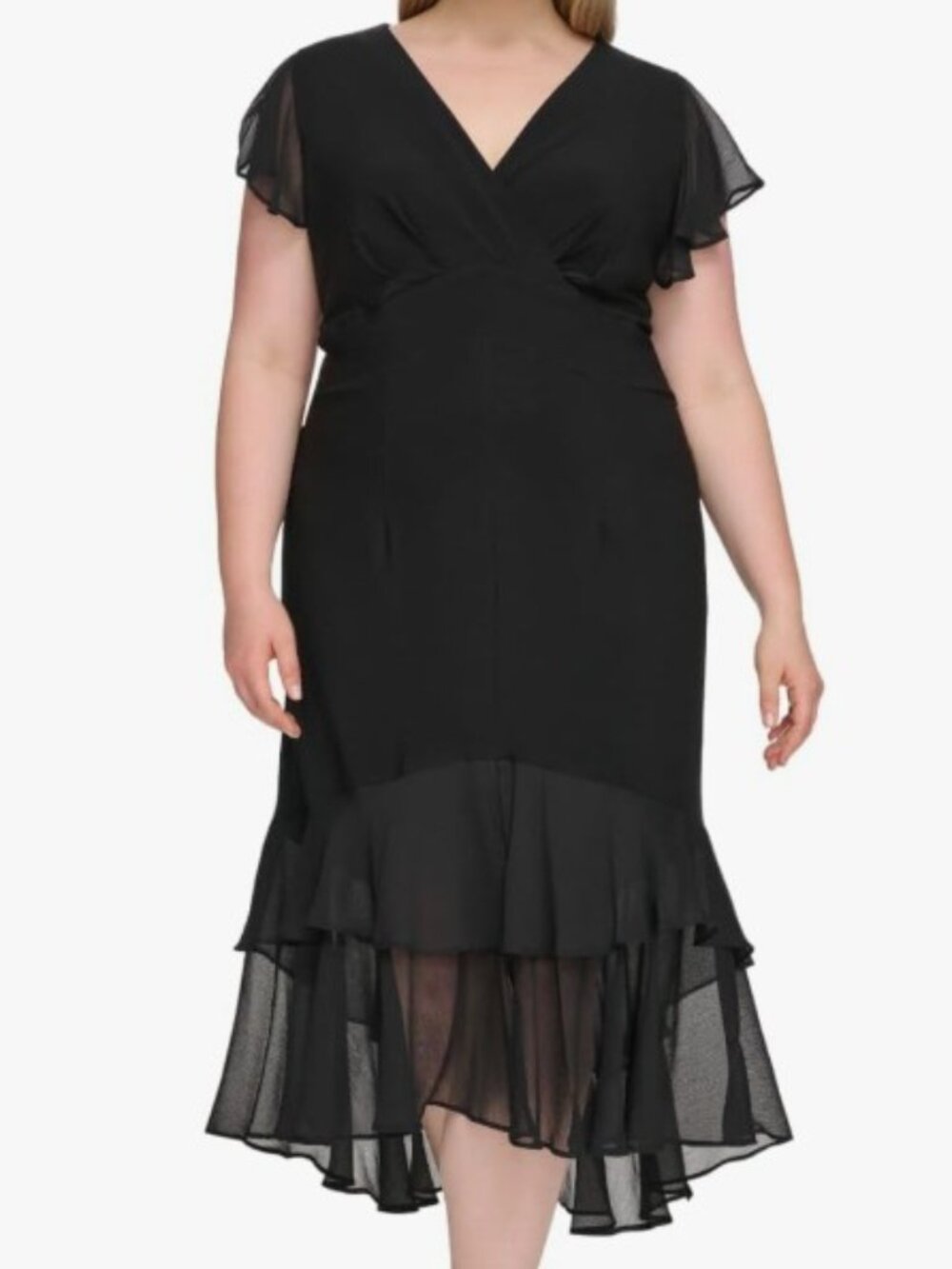 Tommy Hilfiger Chiffon-Trim Midi Dress Flutter Sleeve High Low Size 14 NWT